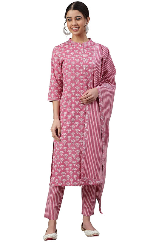 Janasya Women's Mauve Cotton Floral Print Kurta with Pant and Dupatta