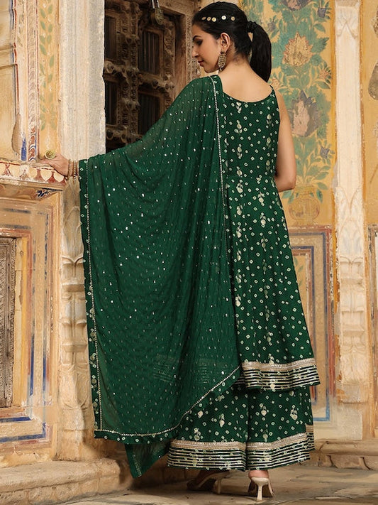 ScakhiI Women Green Bandhani Printed Panelled Gotta Patti Kurti with Sharara & With Dupatta - XXL