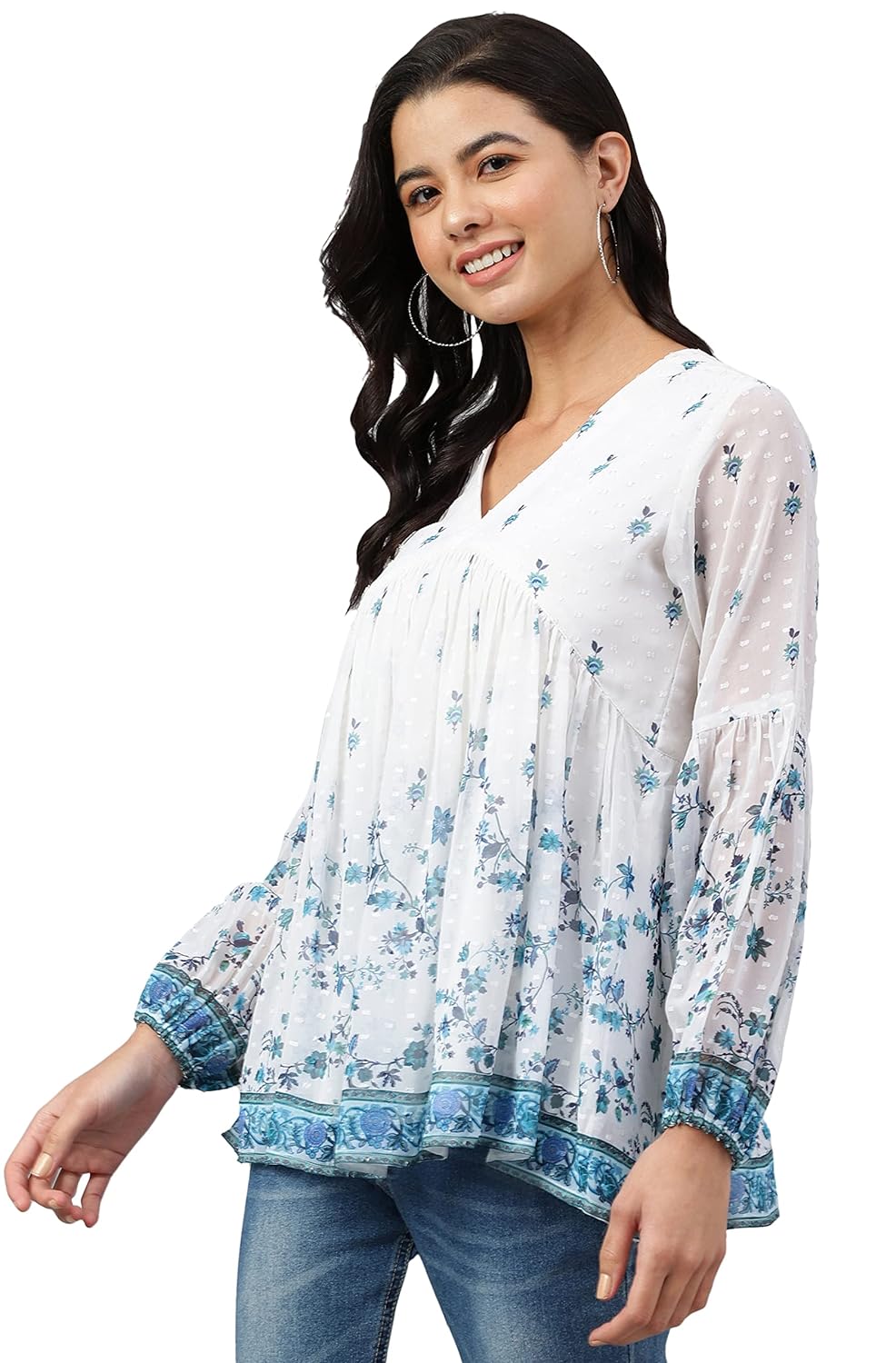 Janasya Women's White Georgette Digital Print Flared Top