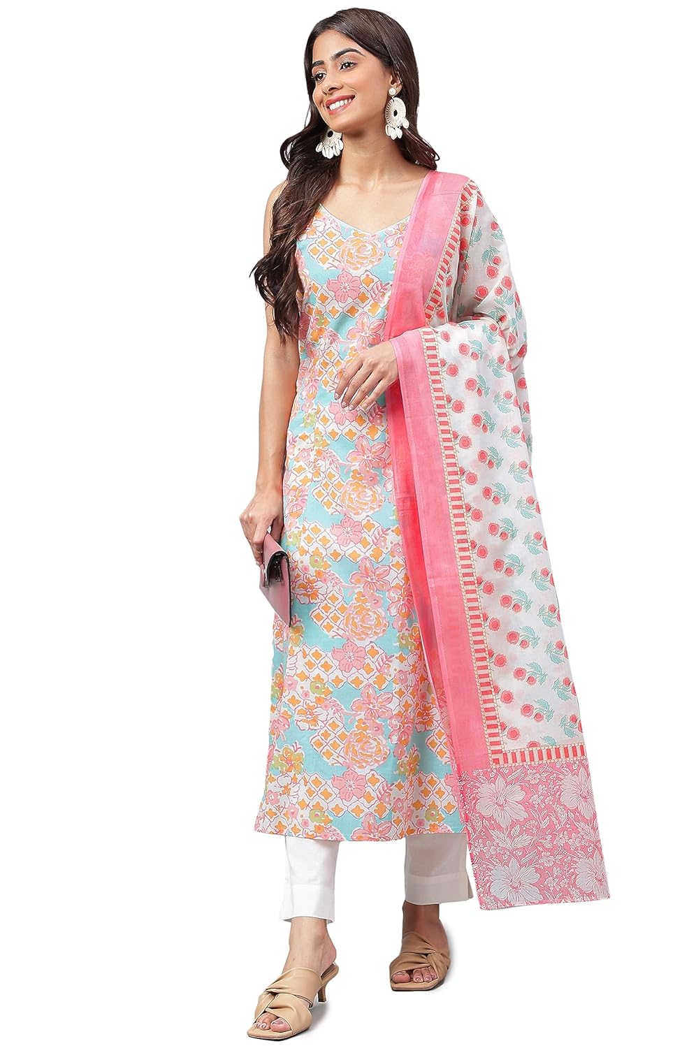 Janasya Women's Multicolor Cotton Floral Printed Kurta with Pant and Dupatta