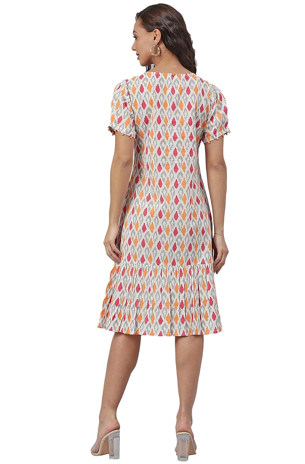 Janasya Women's Off White Cotton Printed Knee Length Dress