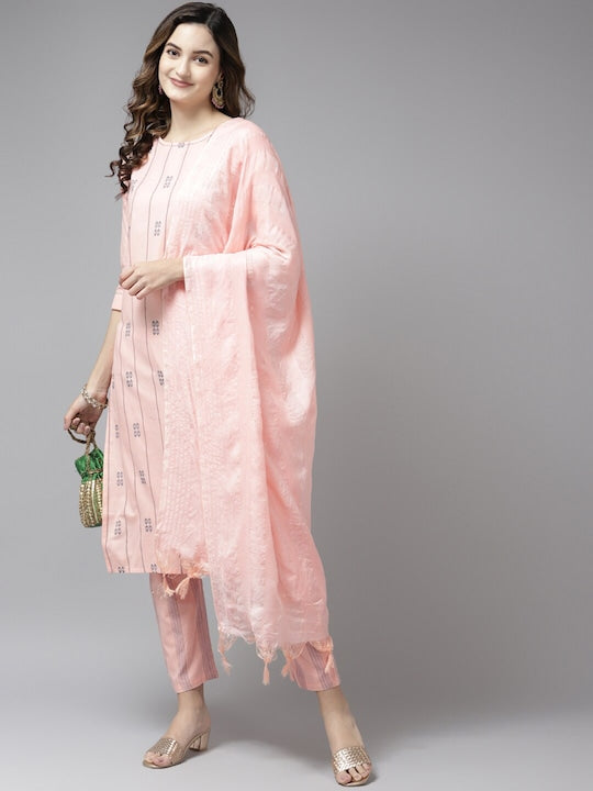 Yufta Women Peach Printed Kurta with Trousers & Dupatta