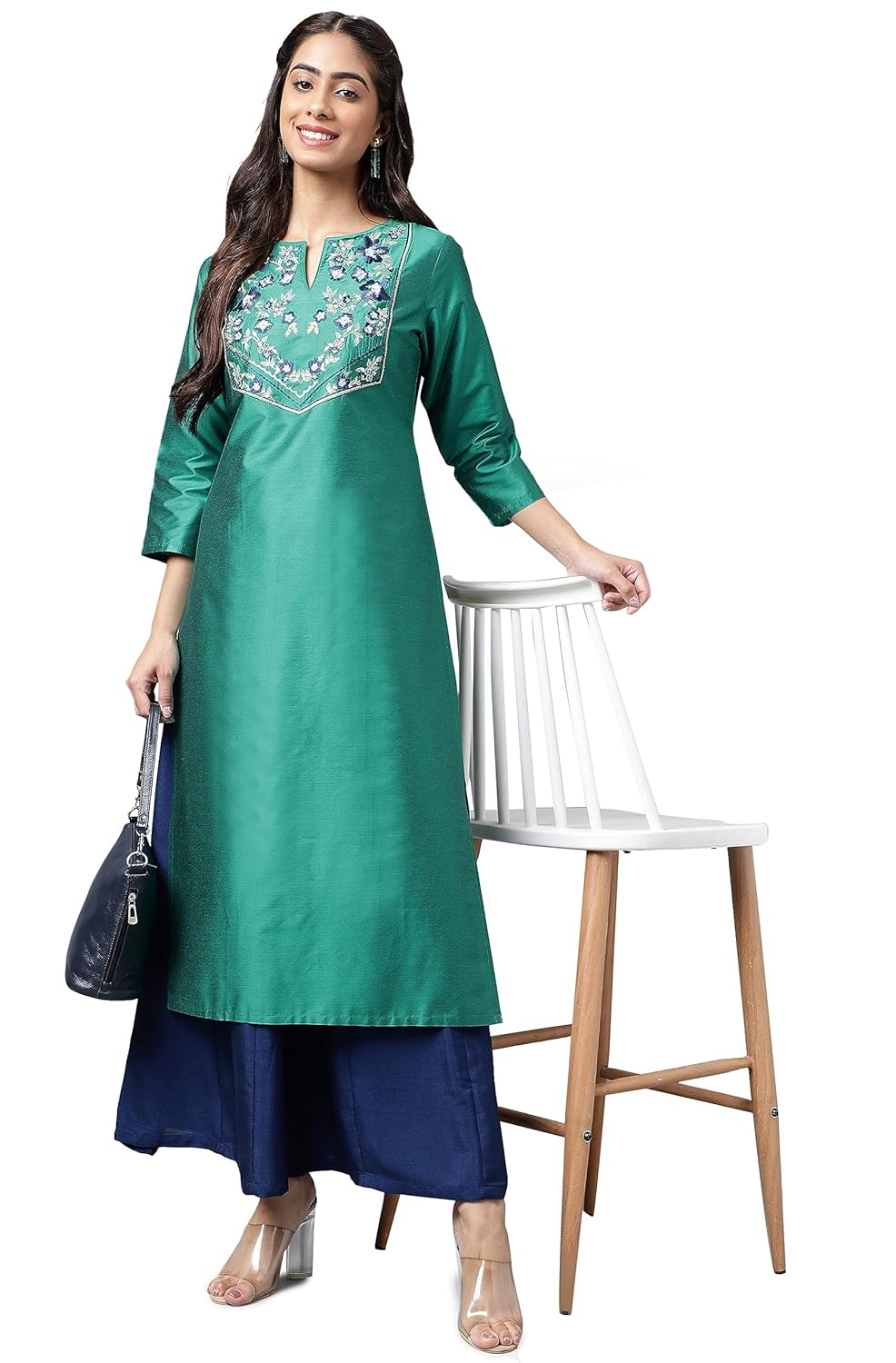 Janasya Women's Peacock Green Poly Silk Yoke Embroidered Straight Kurta