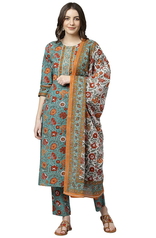 Janasya Women's Green Cotton Kurta With Pant And Dupatta