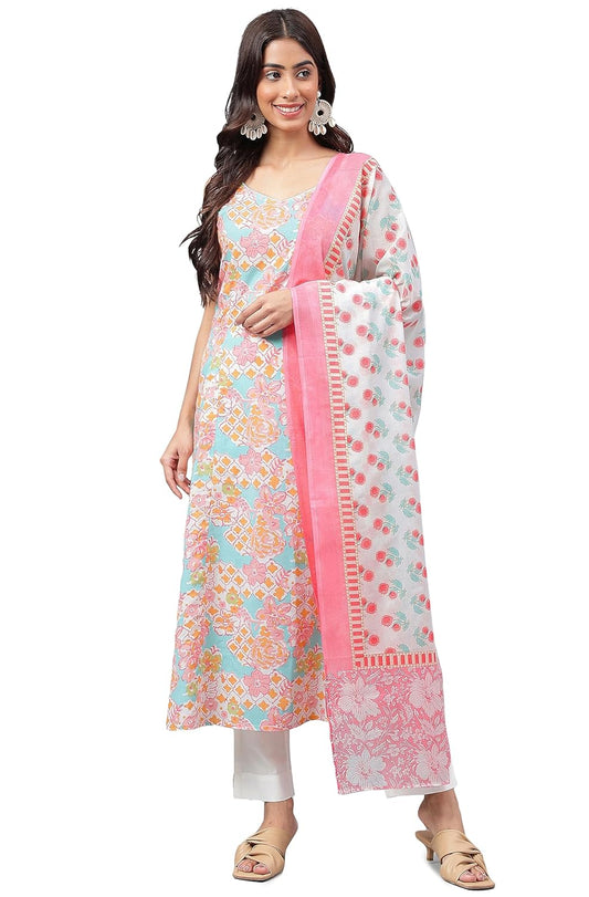 Janasya Women's Multicolor Cotton Floral Printed Kurta with Pant and Dupatta
