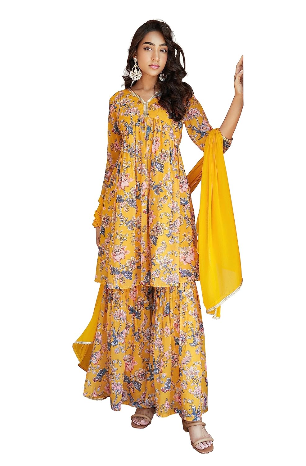 Janasya Women's Georgette Digital Floral Printed Embellished Kurta Set Yellow
