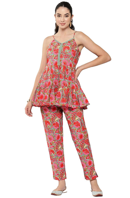 Janasya Women's Multicolor Cotton Floral Printed Co-ords Set