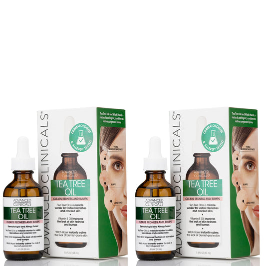 Advanced Clinicals Tea Tree Oil Facial Skin Care Serum Spot Treatment Targets Redness, Bumps, Acne, & Dry Itchy Skin - Pure Tea Tree W/Vitamin E, Witch Hazel, & Sunflower Extract, 1.8 Fl Oz (2-Pack)