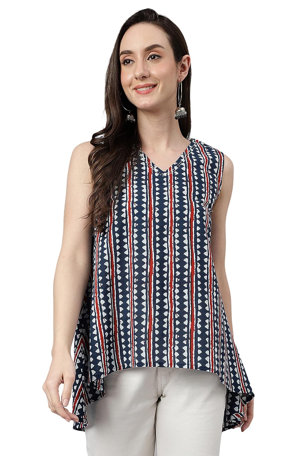 Janasya Women's Navy Blue Cotton Geometric Print High Low Top