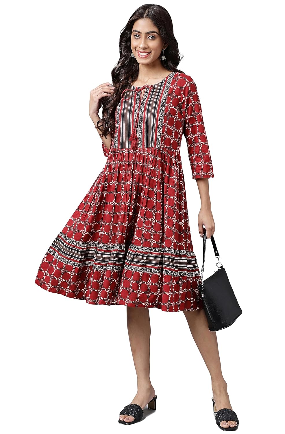 Janasya Women's Maroon Cotton Ethnic Motifs Printed Flared Dress