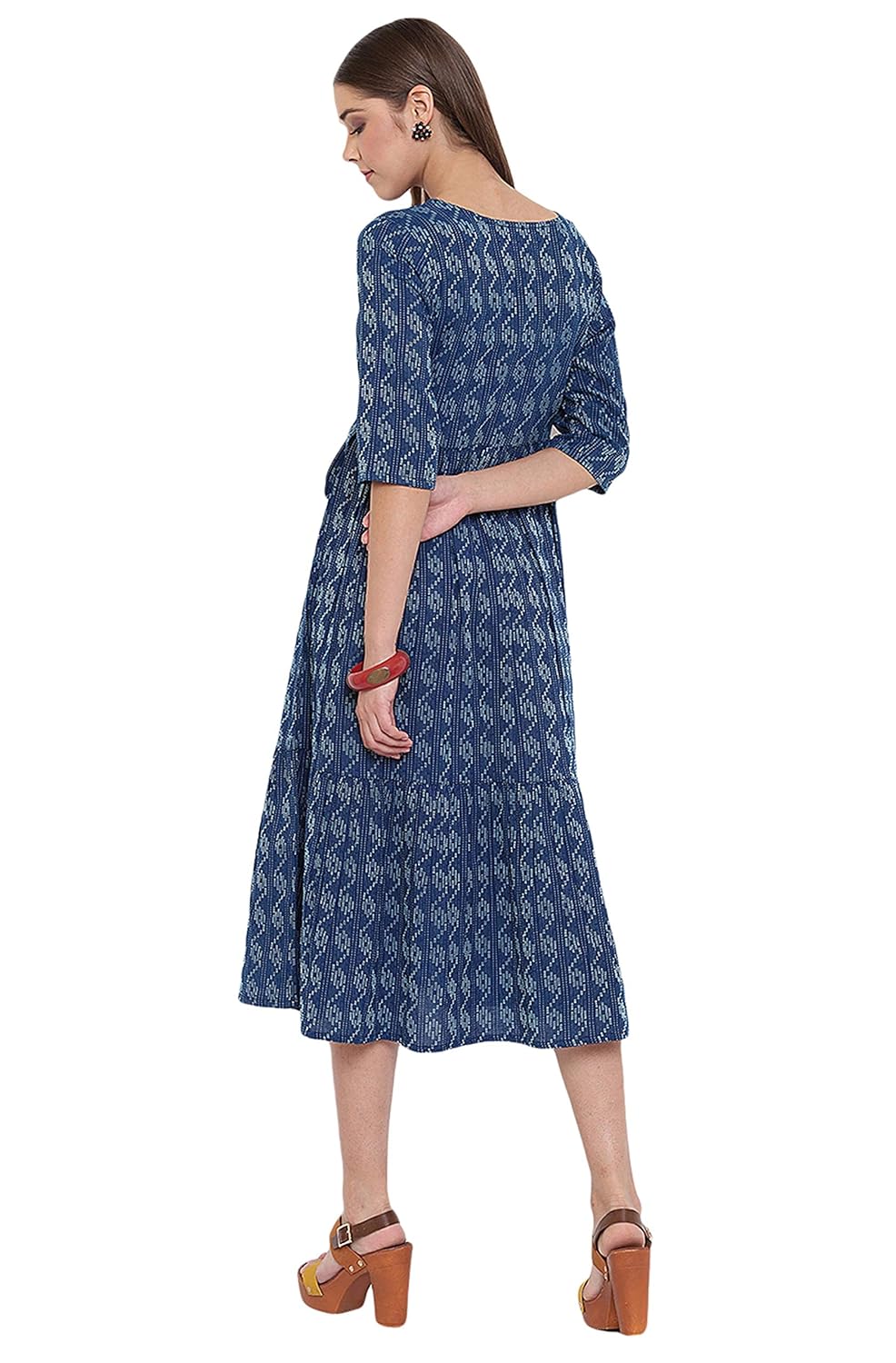 Janasya Women's Blue Cotton Woven Midi Dress Blue