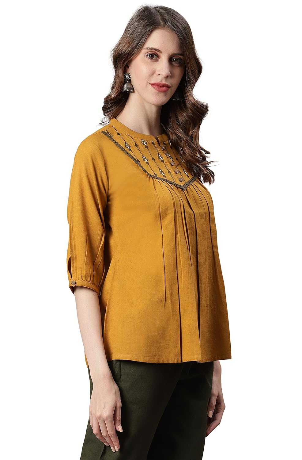 Janasya Women's Mustard Cotton Flex Top