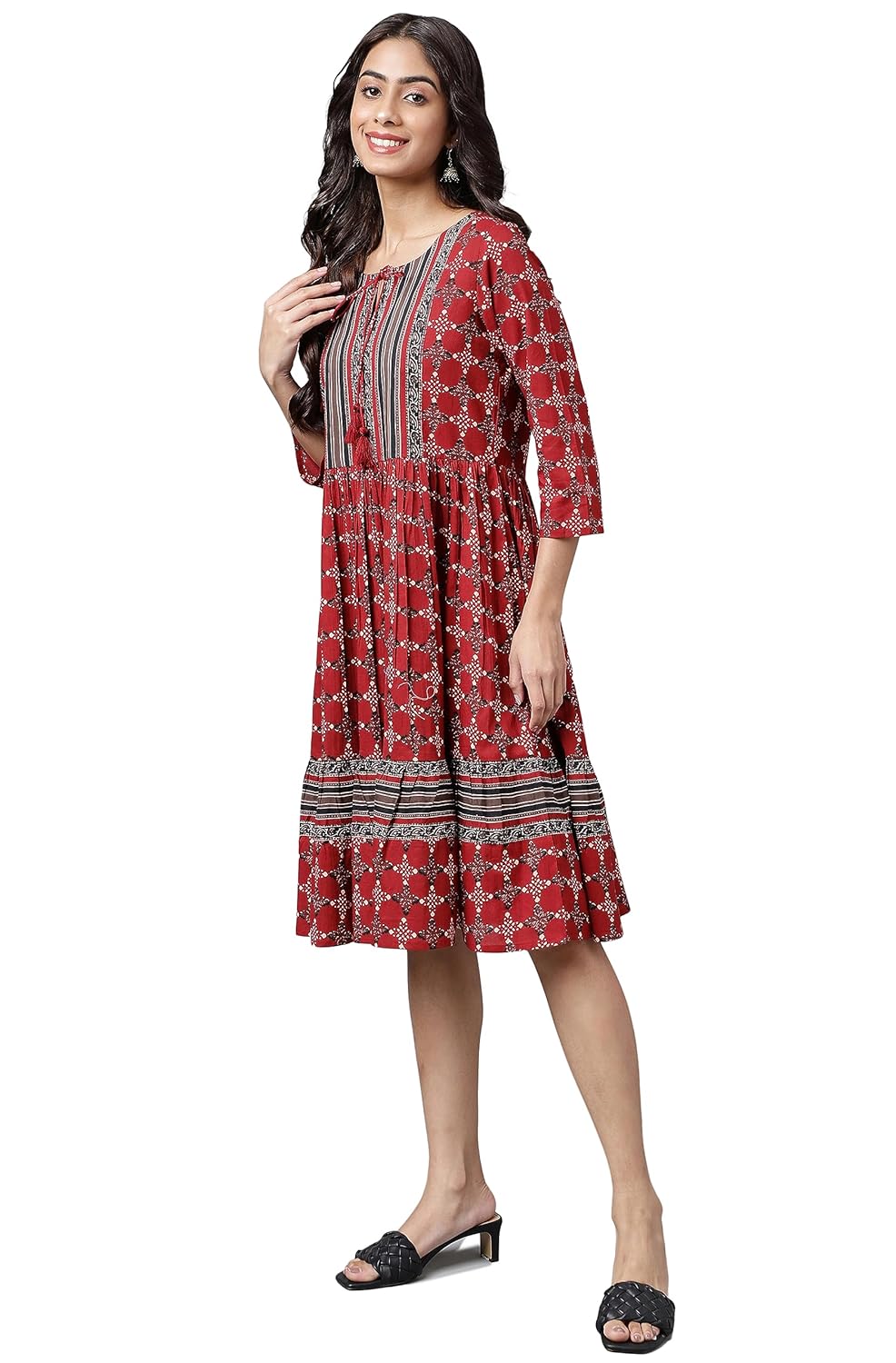 Janasya Women's Maroon Cotton Ethnic Motifs Printed Flared Dress