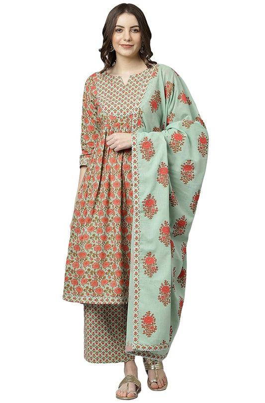 Janasya Women's Light Green Cotton Kurta With Palazzo And Dupatta - S