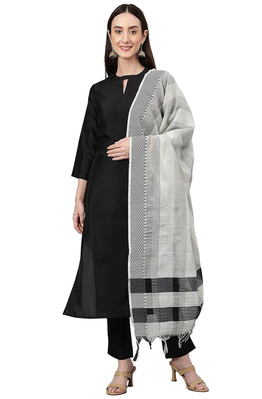 Janasya Women's Black Crepe Silk Solid Kurta with Pant and Dupatta - S