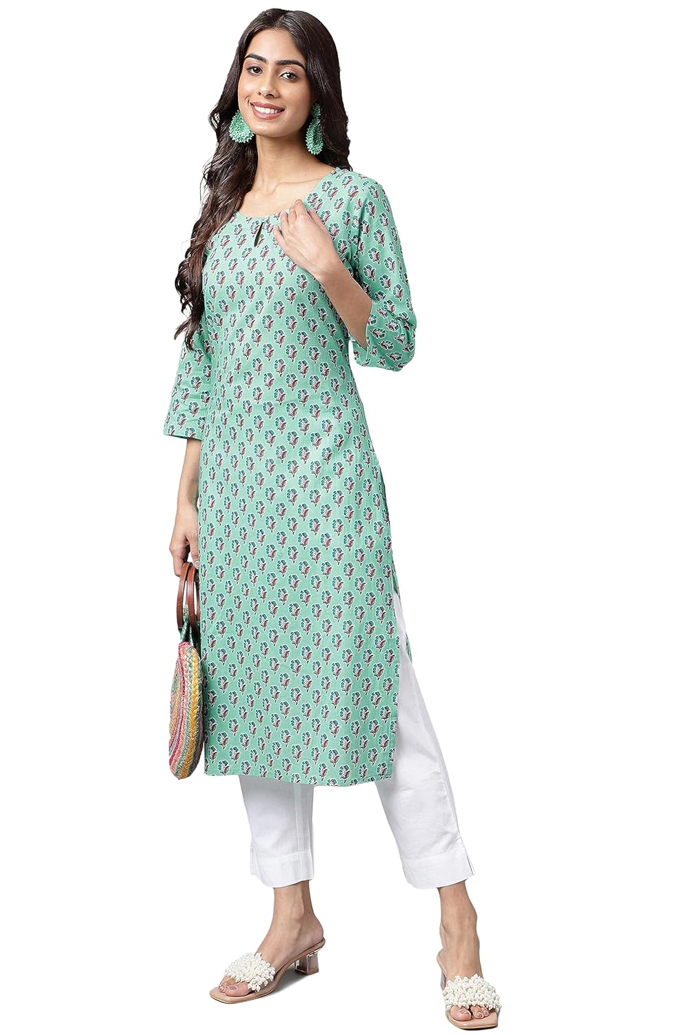 Janasya Women's Light Blue Cotton Ethnic Motifs Straight Kurta