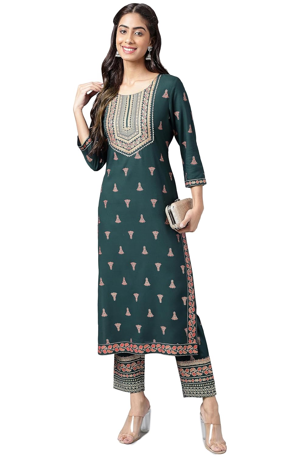 Janasya Women's Teal Green Rayon Foil Printed Kurta with Pant