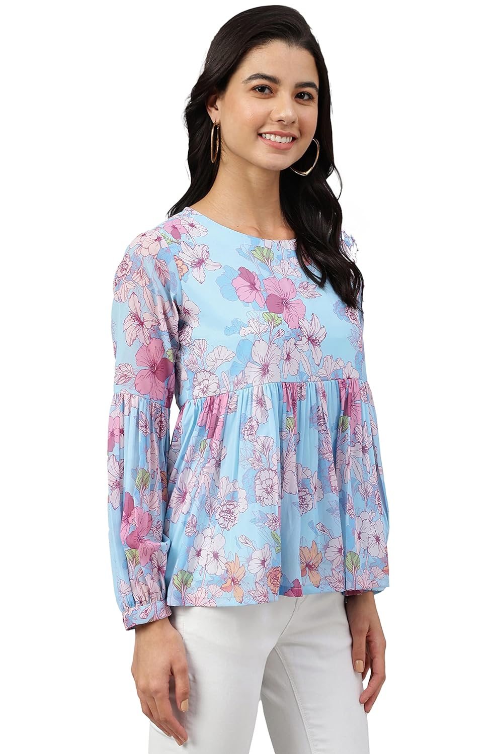 Janasya Women's Sky Blue Georgette Floral Print Flared Top