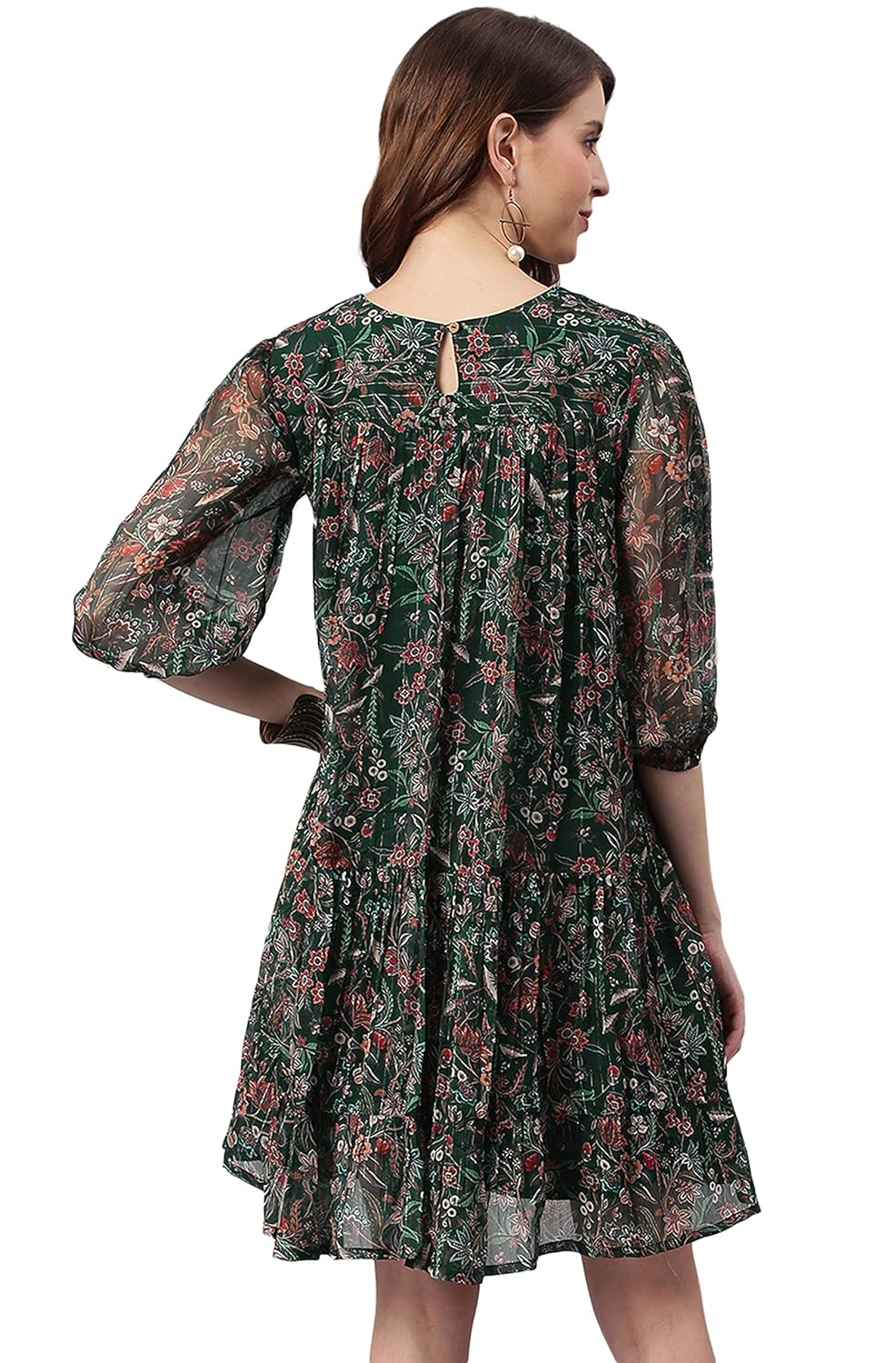 Janasya Women's Green Poly Georgette Floral Flared Midi Dress