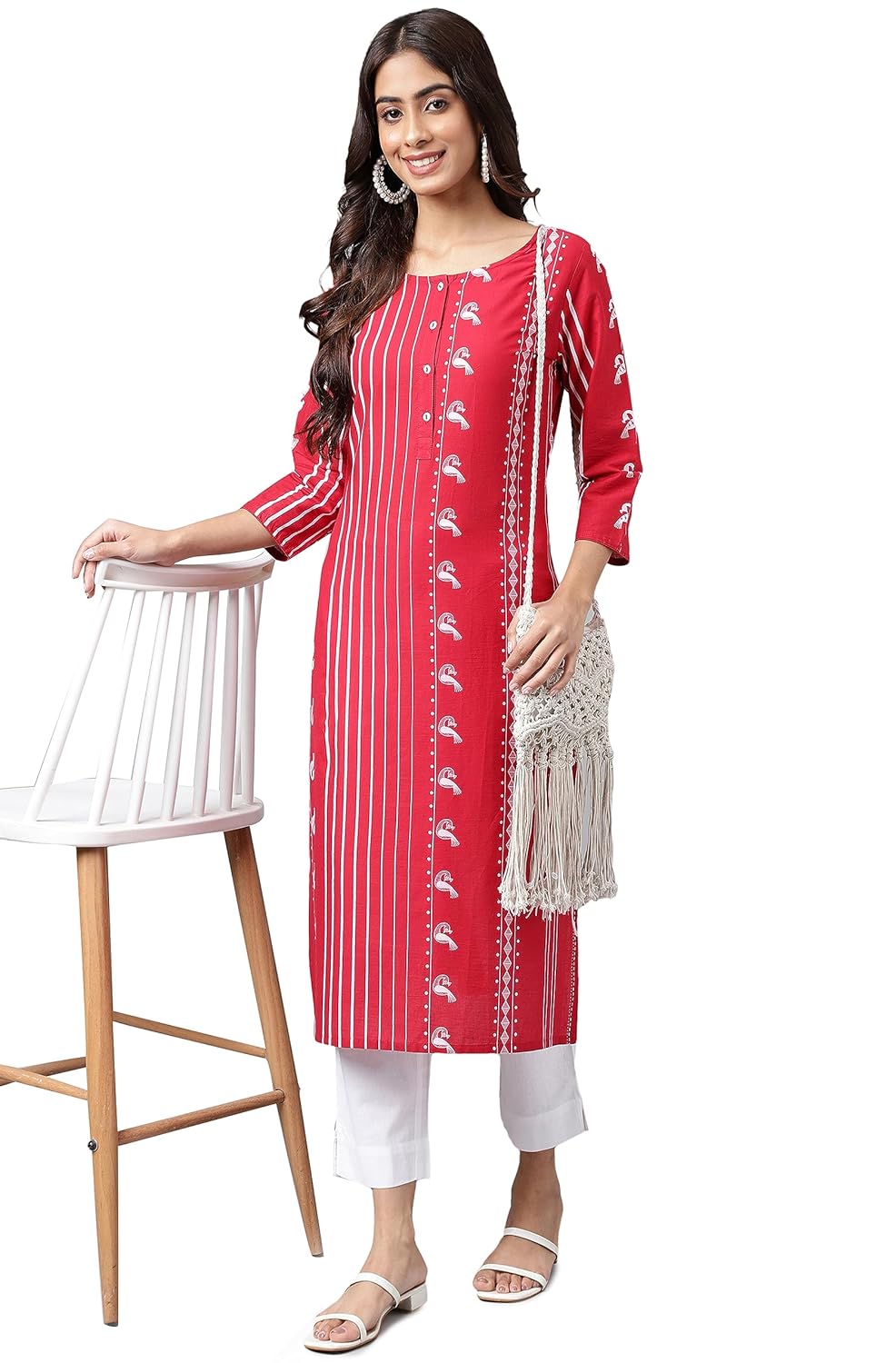 Janasya Women's Red Cotton Ethnic Motif Printed Straight Kurta