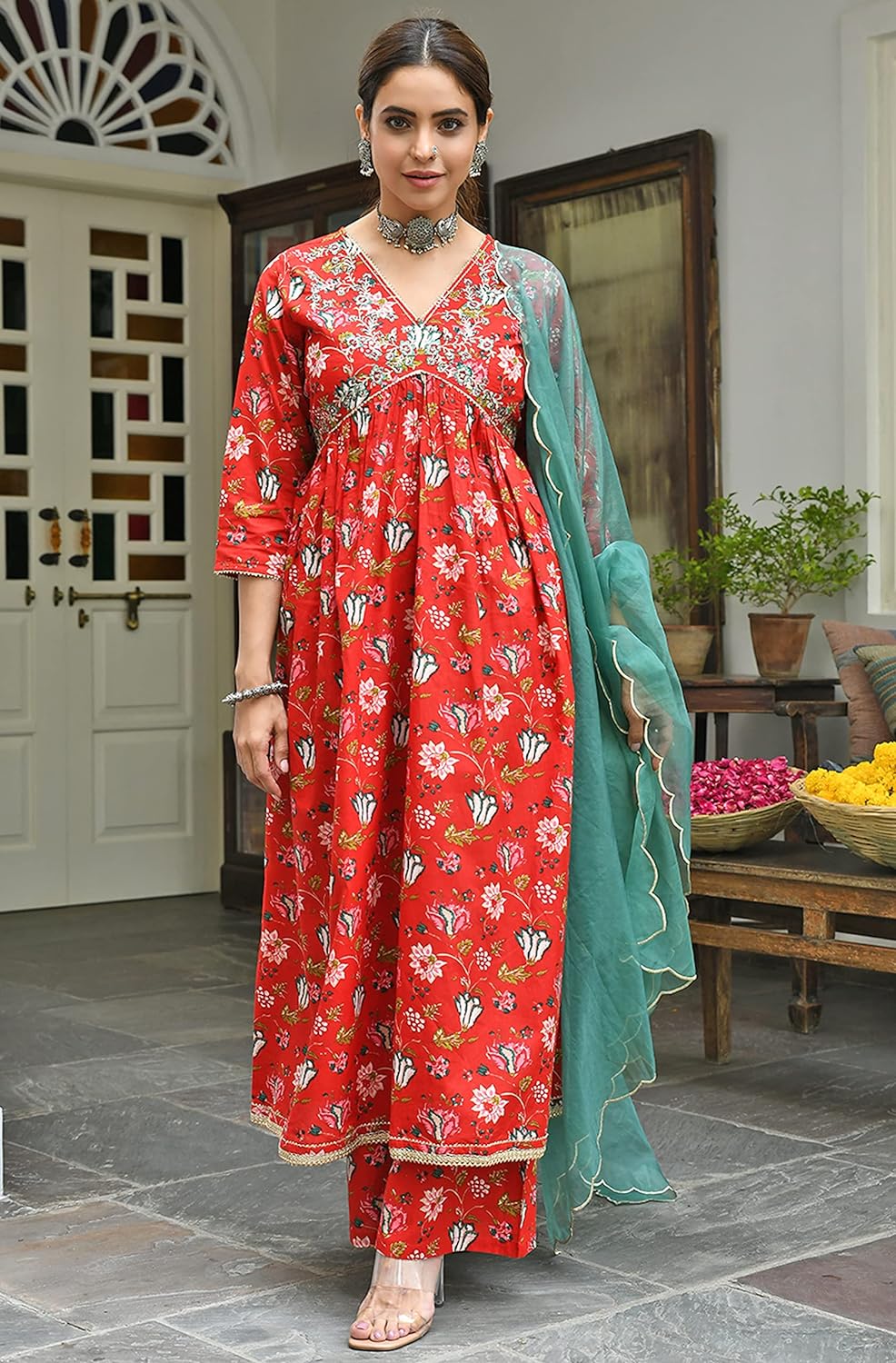 Janasya Women's Red Cotton Floral Block Print Kurta with Palazzo and Dupatta