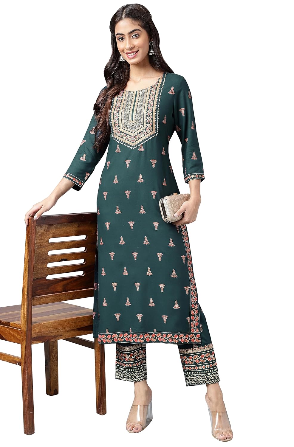 Janasya Women's Teal Green Rayon Foil Printed Kurta with Pant