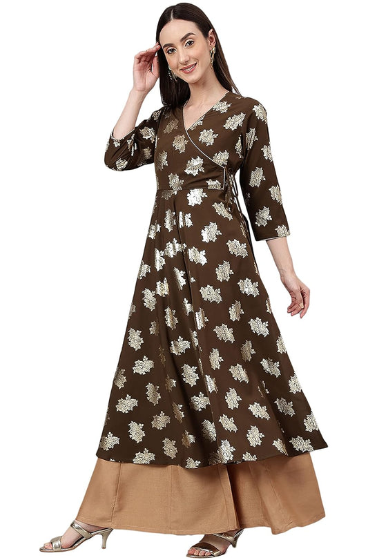 Janasya Women's Olive Crepe Foil Print Angrakha Kurta
