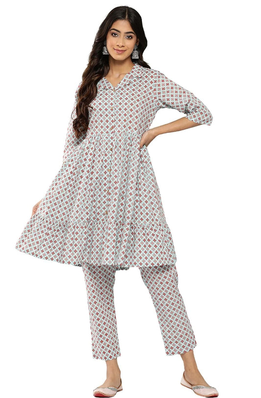 Janasya Women's Sky Blue Cotton Ethnic Motifs Co-ords Set