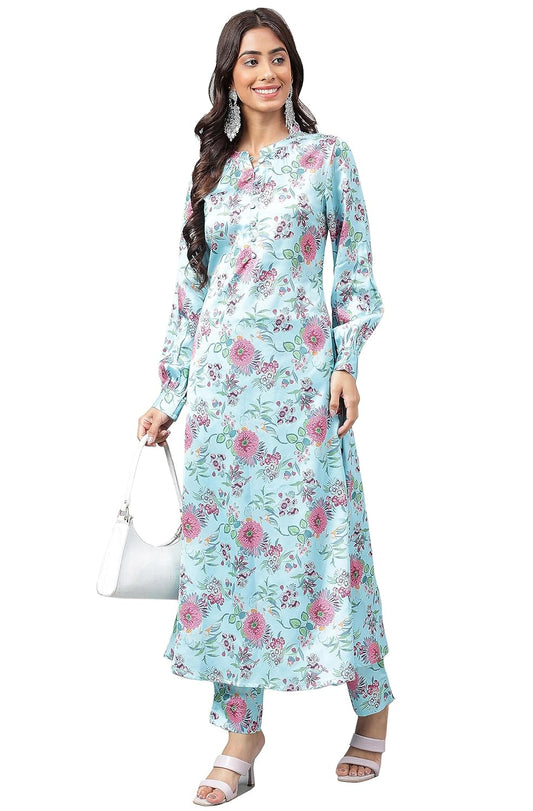 Janasya Women's Aqua Blue Satin Digital Floral Printed Kurta with Pant