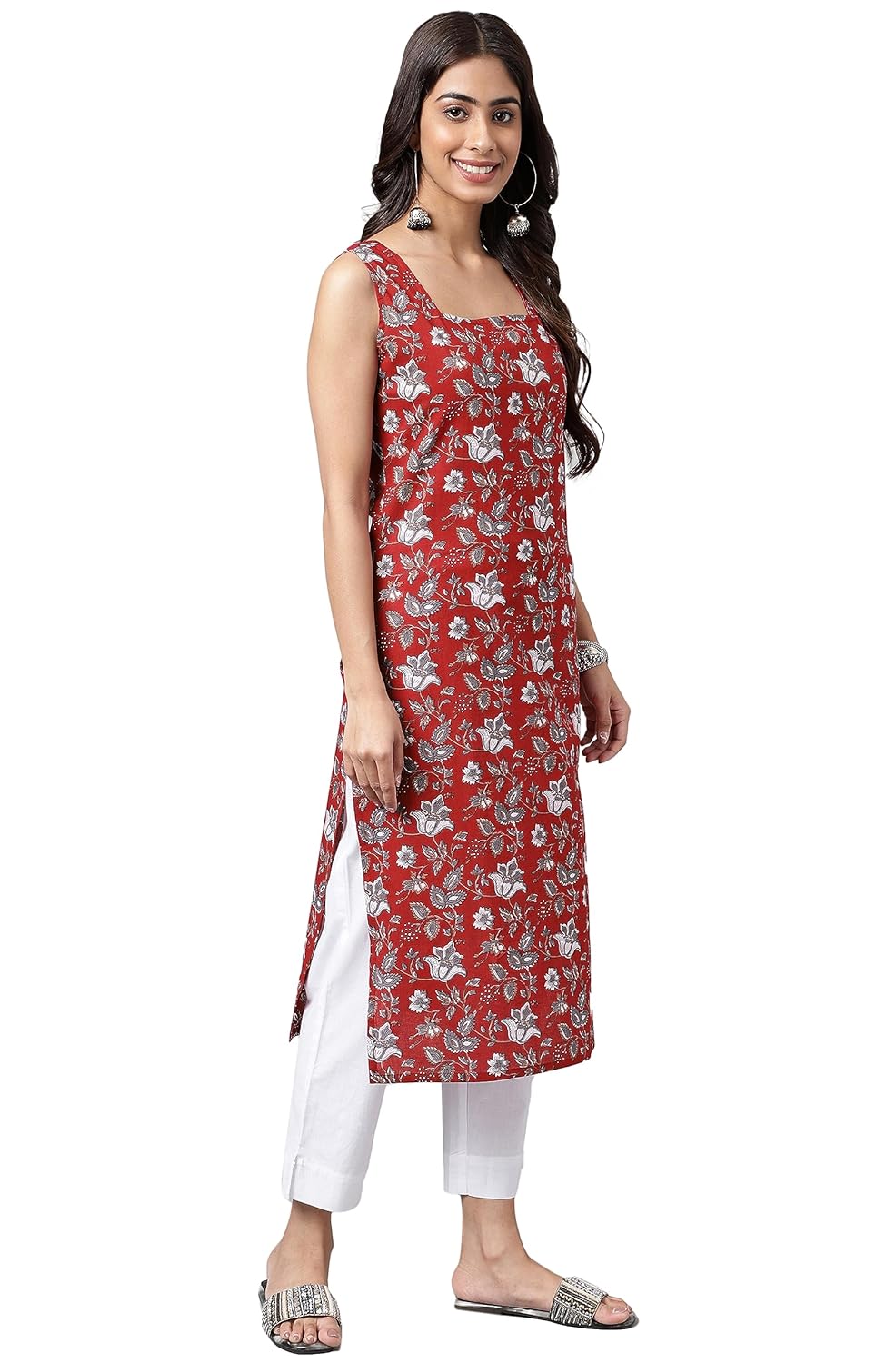 Janasya Women's Maroon Cotton Botanical Printed Straight Kurta
