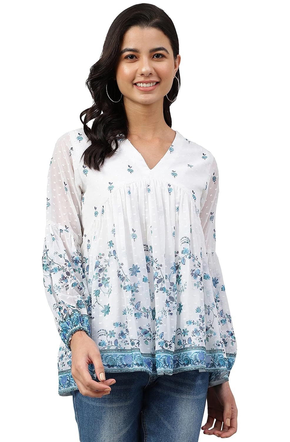 Janasya Women's White Georgette Digital Print Flared Top
