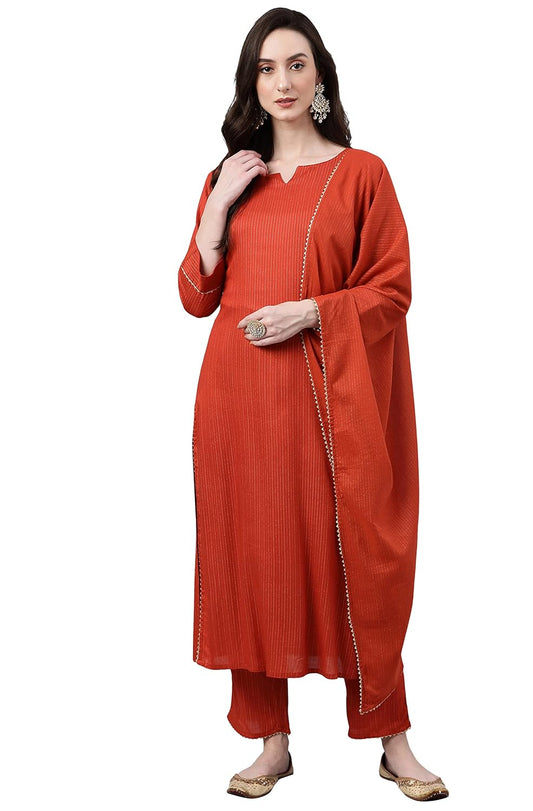 Janasya Women's Orange Rayon Striped Kurta with Pant and Dupatta