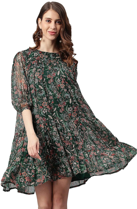 Janasya Women's Green Poly Georgette Floral Flared Midi Dress