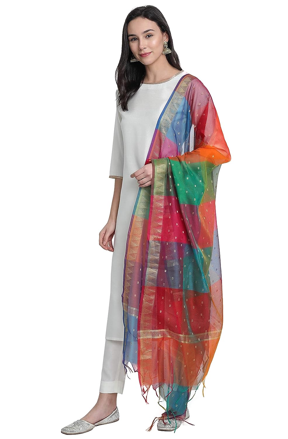 Janasya Women's Off-White Poly Silk Solid Kurta with Pant and Dupatta