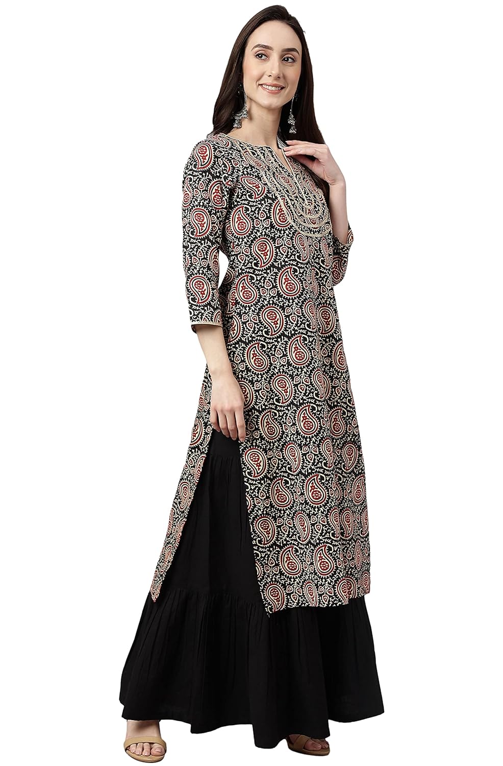 Janasya Women's Black Cotton Paisley Straight Kurta