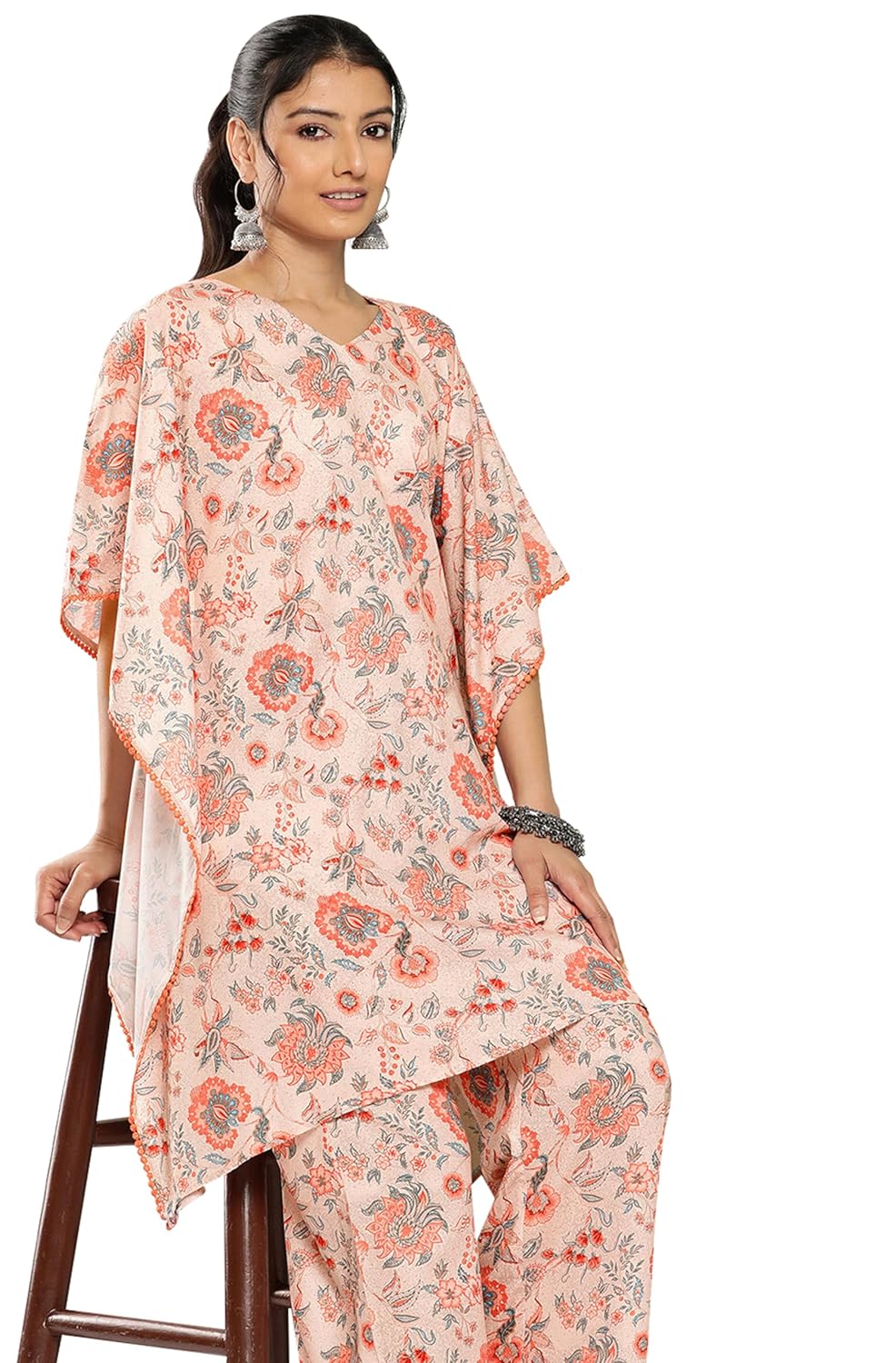 Janasya Women's Peach Crepe Digital Printed Co-ords Set