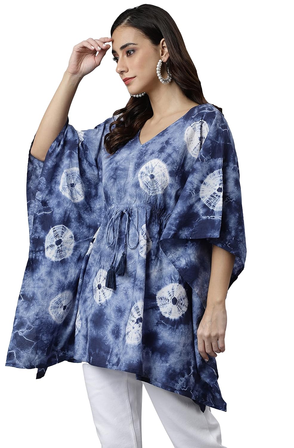 Janasya Women's Navy Blue Cotton Tie dye Kaftan Tunic