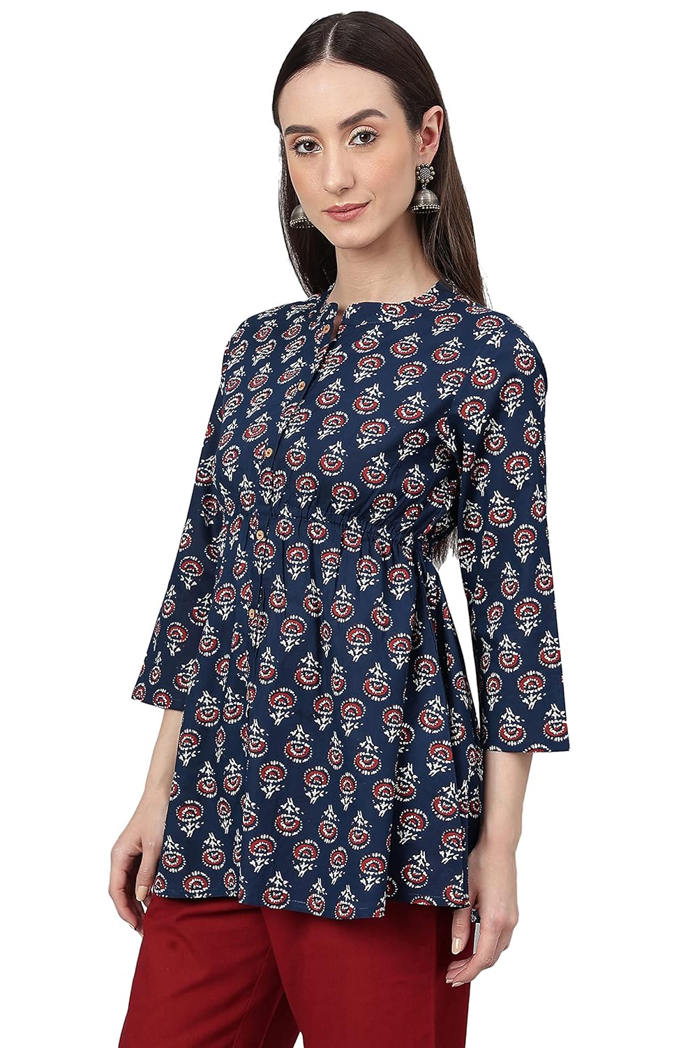 Janasya Women's Navy Blue Cotton Floral Block Print Flared Tunic