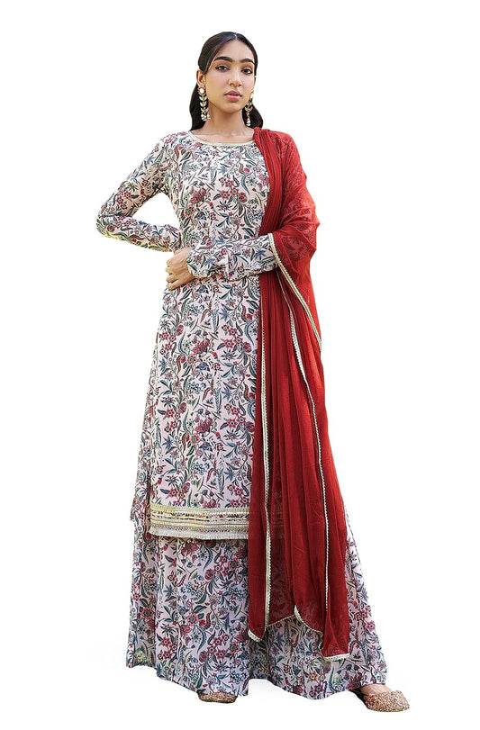 Janasya Women's Georgette Digital Floral Printed Embellished Kurta Set Beige