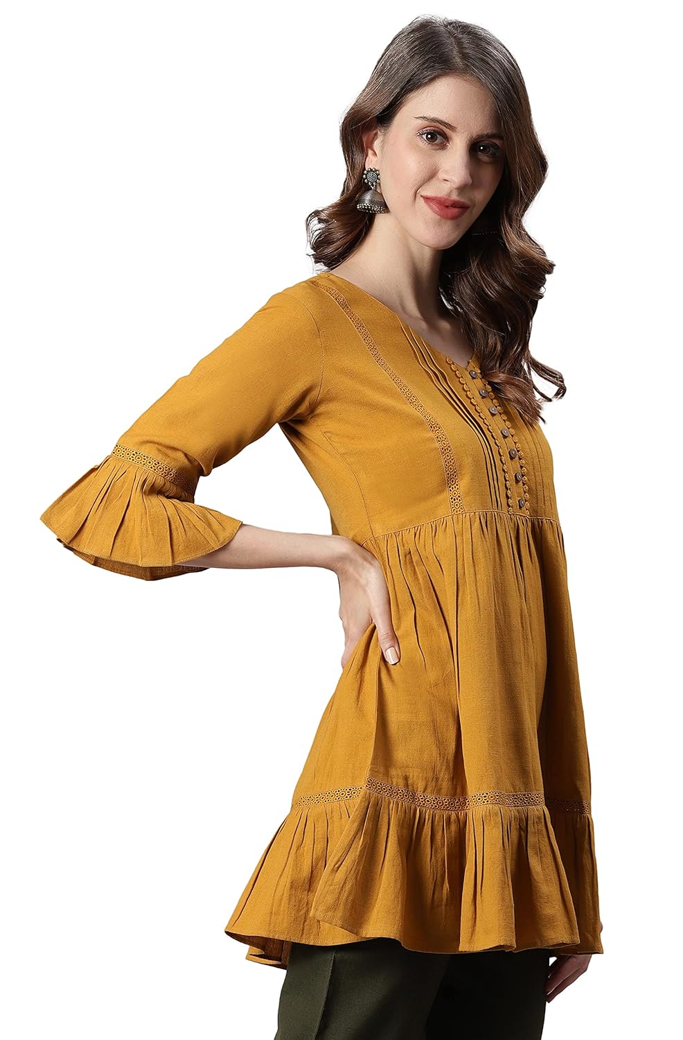 Janasya Women's Mustard Cotton Flex Tunic