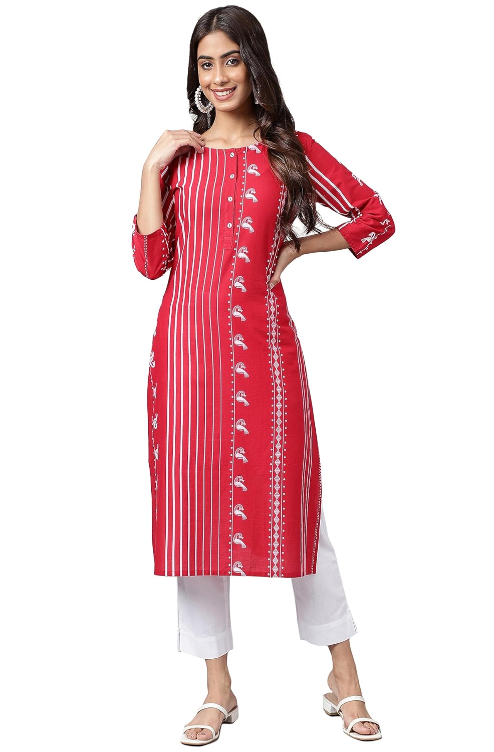 Janasya Women's Red Cotton Ethnic Motif Printed Straight Kurta