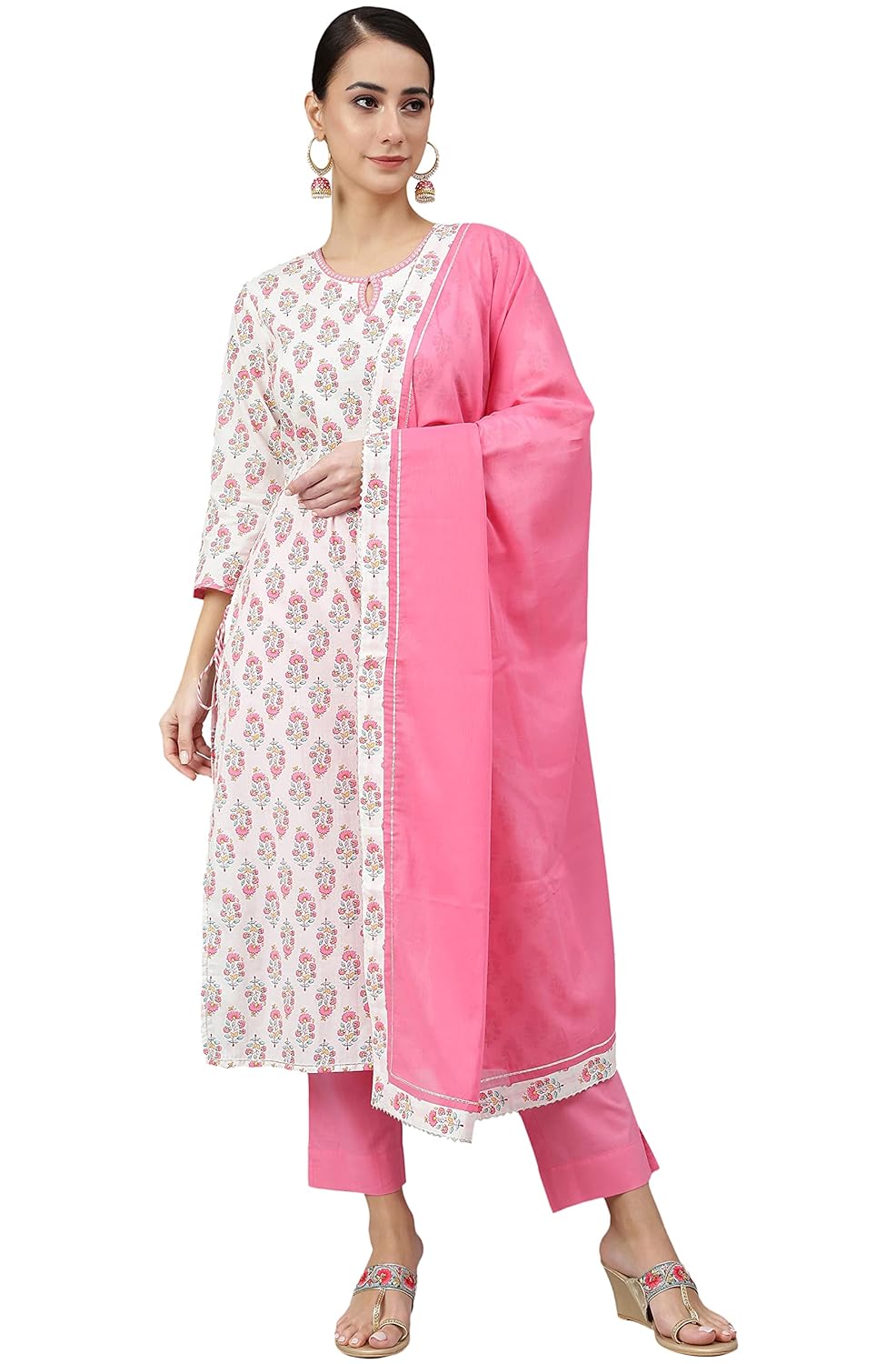 Janasya Women's Off White Cotton Floral Print Kurta with Pant and Dupatta