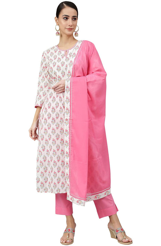 Janasya Women's Off White Cotton Floral Print Kurta with Pant and Dupatta