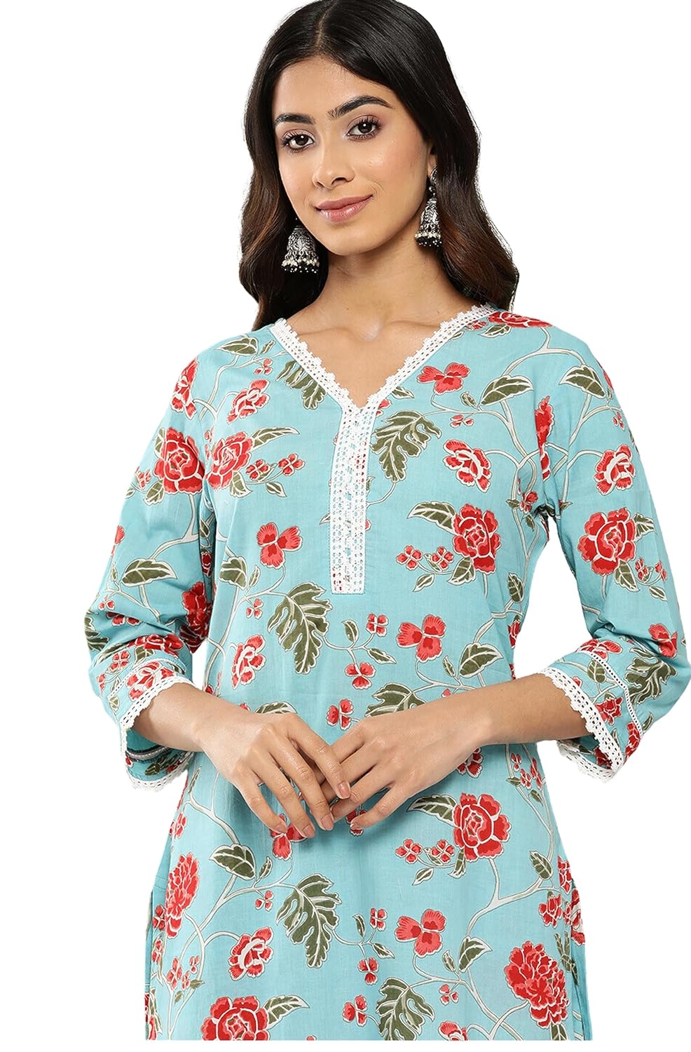 Janasya Women's Sky Blue Cotton Floral Printed Co-ords Set