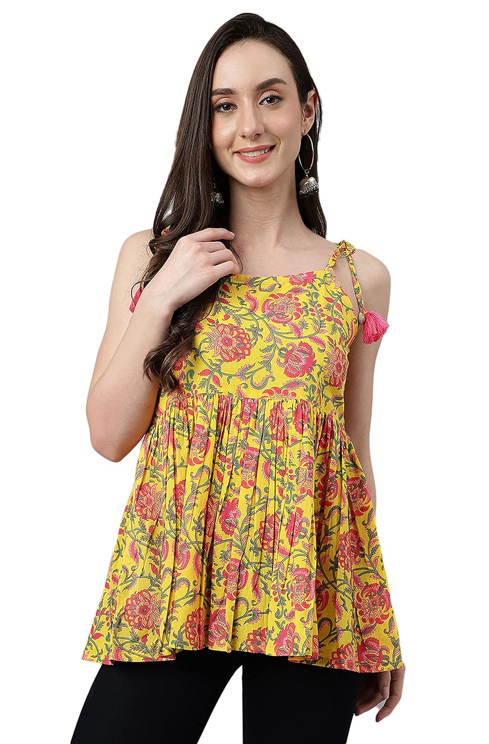 Janasya Women's Yellow Cotton Floral Print Peplum Top