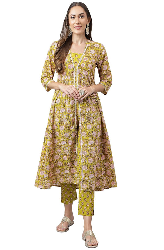 Janasya Women's Green Cotton Floral Printed Kurta with Pant