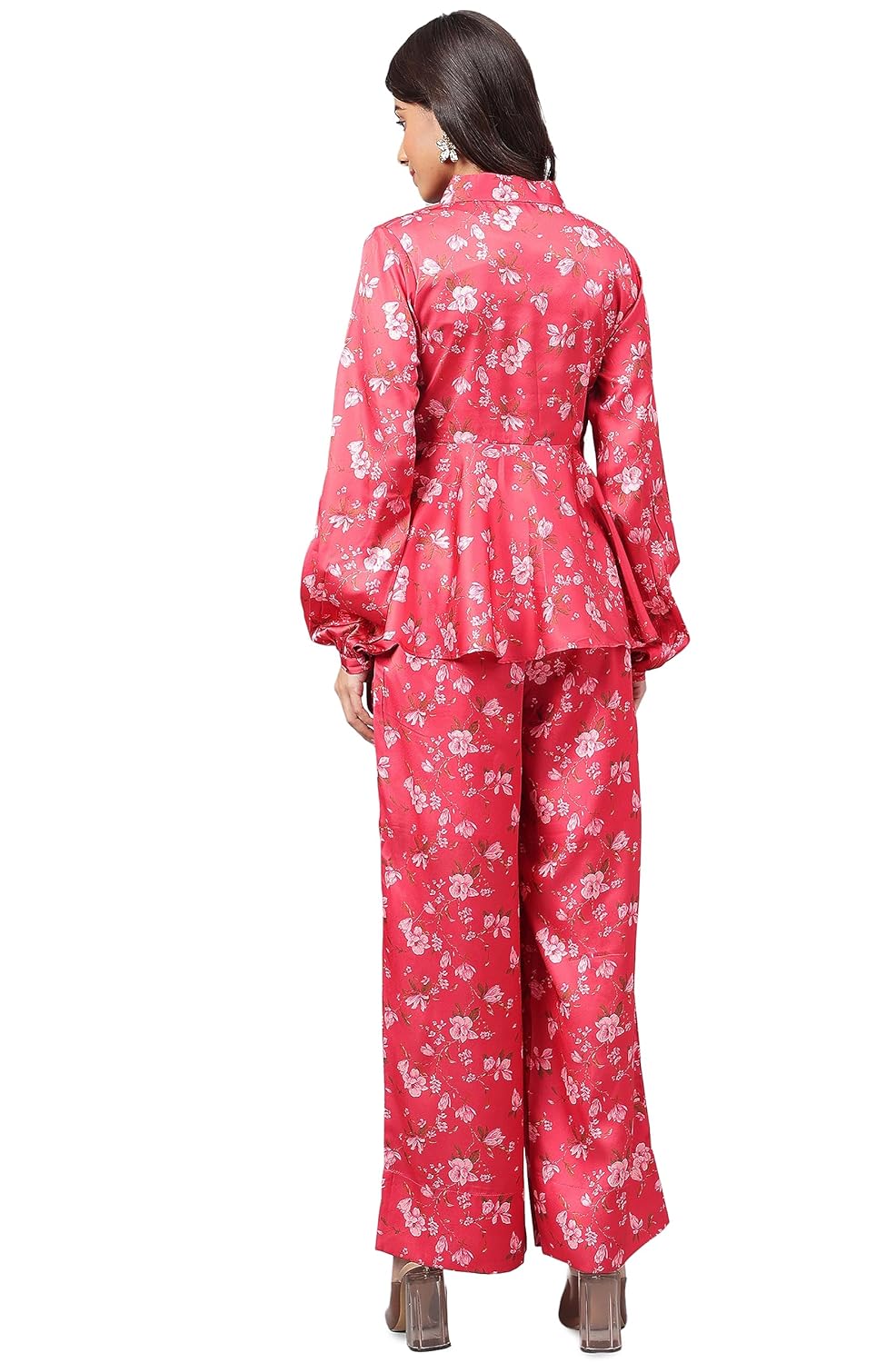 Janasya Women's Red Satin Digital Floral Printed Co-ords Set