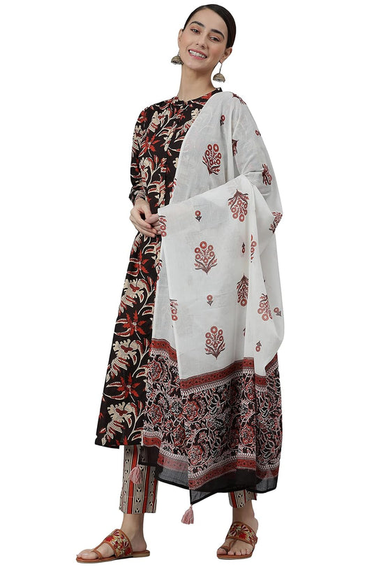 Janasya Women's Black Cotton Kurta With Pant And Dupatta
