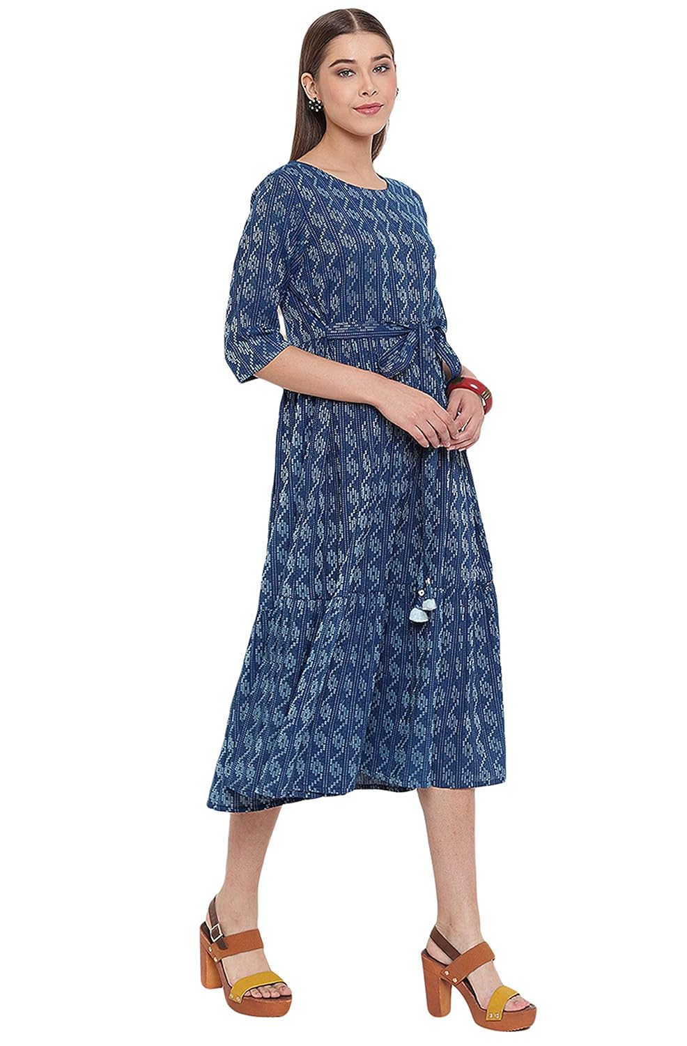 Janasya Women's Blue Cotton Woven Midi Dress Blue