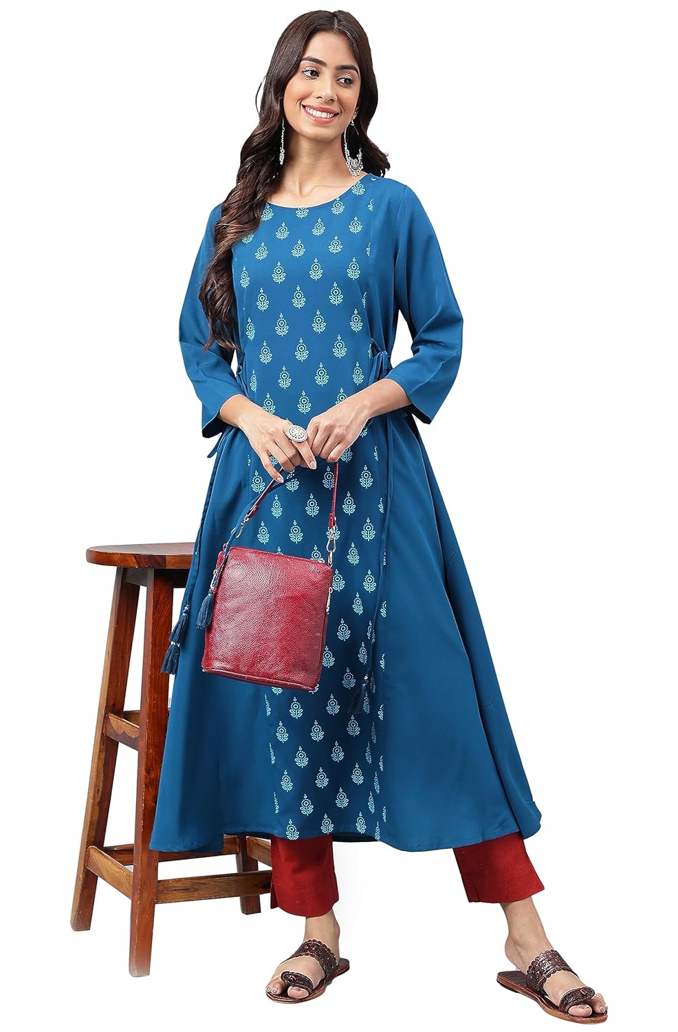 Janasya Women's Teal Blue Crepe Ethnic Motif Printed A-Line Kurta with Tassels